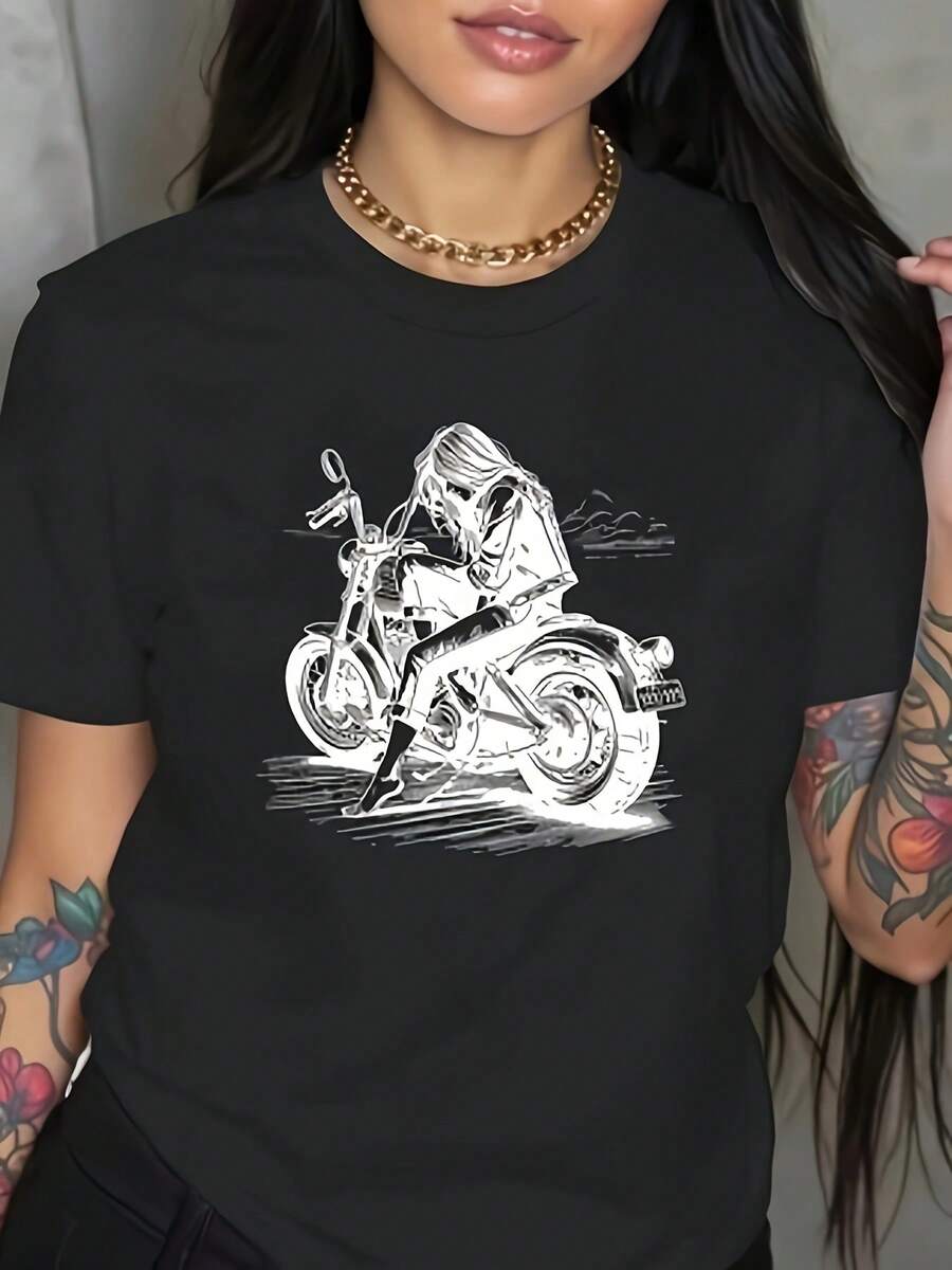 Women's Casual Short Sleeve Motorcycle Graphic Print T-Shirt - Soft Polyester Blend, Crew Neck, Regular Fit, Summer Essential Casual Wear, Motorcycle T-Shirt. - 黑色 - 查看 1