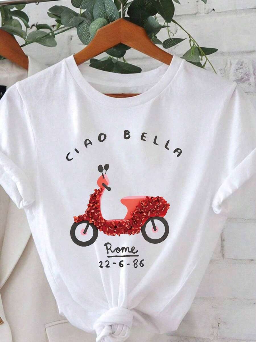 Women's Short-Sleeved Round-Neck T-Shirt With A Vintage Pattern Print, Casual Style For Spring And Summer. Loose And Comfortable. - White - View 1