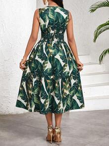 Lady Vestido de verano elegante de largo medio con cuello en V cruzado, sin mangas, estampado con planta tropical para mujeres - Verde - Ver 2