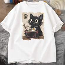 Camiseta divertida con gráfico de gato y ramen, estilo japonés Kawaii Anime, de algodón, manga corta, holgada, oversize, estilo urbano - Blanco - Ver 1
