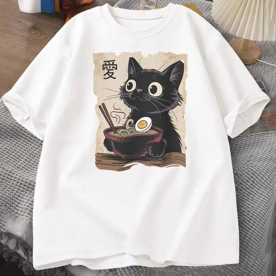 Camiseta divertida con gráfico de gato y ramen, estilo japonés Kawaii Anime, de algodón, manga corta, holgada, oversize, estilo urbano - Blanco - Ver 1