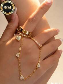 ZCNC 304 Stainless Steel 18K Gold Plated Heart Chain Ring Set, 3pcs/Set, Inlaid Pearl & Fully Paved Ring, Low Allergy, Fashion Jewelry, Perfect Mother's Day Gift, Summer Vacation Accessory - Gold - View 3