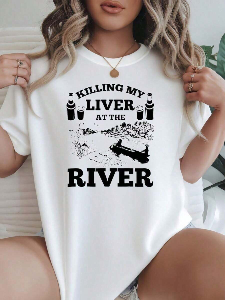 Camisa de Mujer 2026, Corte Holgado Casual, Opciones en Blanco y Negro, Estampado Gráfico 'My Liver At River', Camisas de Playa de Verano, Tops de Verano, Camisetas Gráficas, Conjuntos de Verano, Camisetas Cortas de Mujer, Tops de Mujer, Ropa Vintage de Algodón, Ropa Bonita para Mujer, Blusas para Mujer Casuales - Blanco - Ver 1