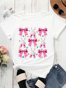 Nueva Camiseta de Moda para Mujer con Cuello Redondo, Estilo Casual, con Estampado de Conejo de Pascua con Lazo Rosa y Huevos, Manga Corta, para Primavera y Verano. Diseño versátil y listo para el verano. - Blanco - Ver 3