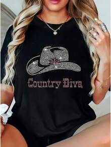 Camiseta Gráfica Country Diva para Mujer Talla - Top Oversize de Manga Corta en Negro con Diseño de Sombrero de Vaquero con Pedrería, Camisa Casual de Verano Holgada, Transpirable para Primavera y Verano - Negro - Ver 1