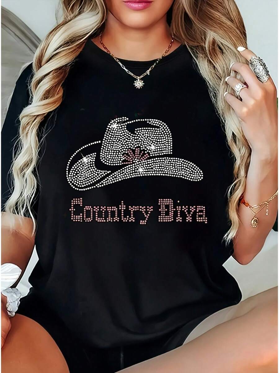Camiseta Gráfica Country Diva para Mujer Talla - Top Oversize de Manga Corta en Negro con Diseño de Sombrero de Vaquero con Pedrería, Camisa Casual de Verano Holgada, Transpirable para Primavera y Verano - Negro - Ver 1