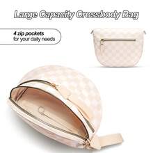 Bolso Cruzado a Cuadros, Bolsos de Nylon Tipo Riñonera para Mujeres, Bolso de Hombro Espacioso Tipo Cangurera con Correa para el Hombro - Color beige. - Ver 4
