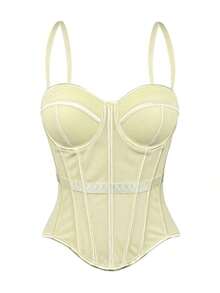 Camiseta sin espalda de malla de unicolor marrón con estilo de corsé para mujer, lencería casual de otoño/invierno negra de verano - Amarillo - Ver 1