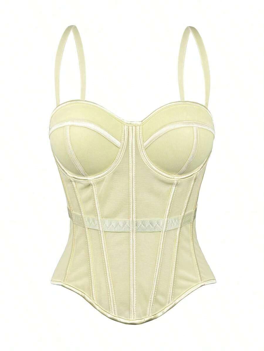 Camiseta sin espalda de malla de unicolor marrón con estilo de corsé para mujer, lencería casual de otoño/invierno negra de verano - Amarillo - Ver 1