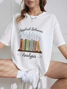 Women's T-Shirt Made Of 100% Cotton, Round Neck, Breathable, Comfortable And Lightweight, Ideal For Spring And Summer, With A "Applied Behavior Analysis" Print Featuring Books And Flowers, A Casual, Professional And Cozy Style, Versatile For Everyday Wear And Work - 白色 - 查看 11