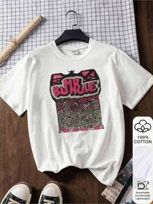 Women's Summer Clothes: Stylish Short-Sleeve Blouse With 'BUNGLE' Graffiti Print And Vibrant Abstract Patterns In Pink And Black, Comfortable And Soft Fabric, Fun Design, Perfect As A Gift For Her. Women's Summer Clothes: Stylish Short-Sleeve Blouse, Loose Fit, Comfortable And Breathable For Everyday Wear. Breathable And Comfortable. - 白色 1 - 查看 2