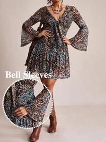 Vestido casual de mujer talla grande con estampado de flores de paisley, parches y mangas acampanadas para vacaciones y playa, vestido de verano bohemio, ropa occidental para mujer - Multicolor - Ver 1