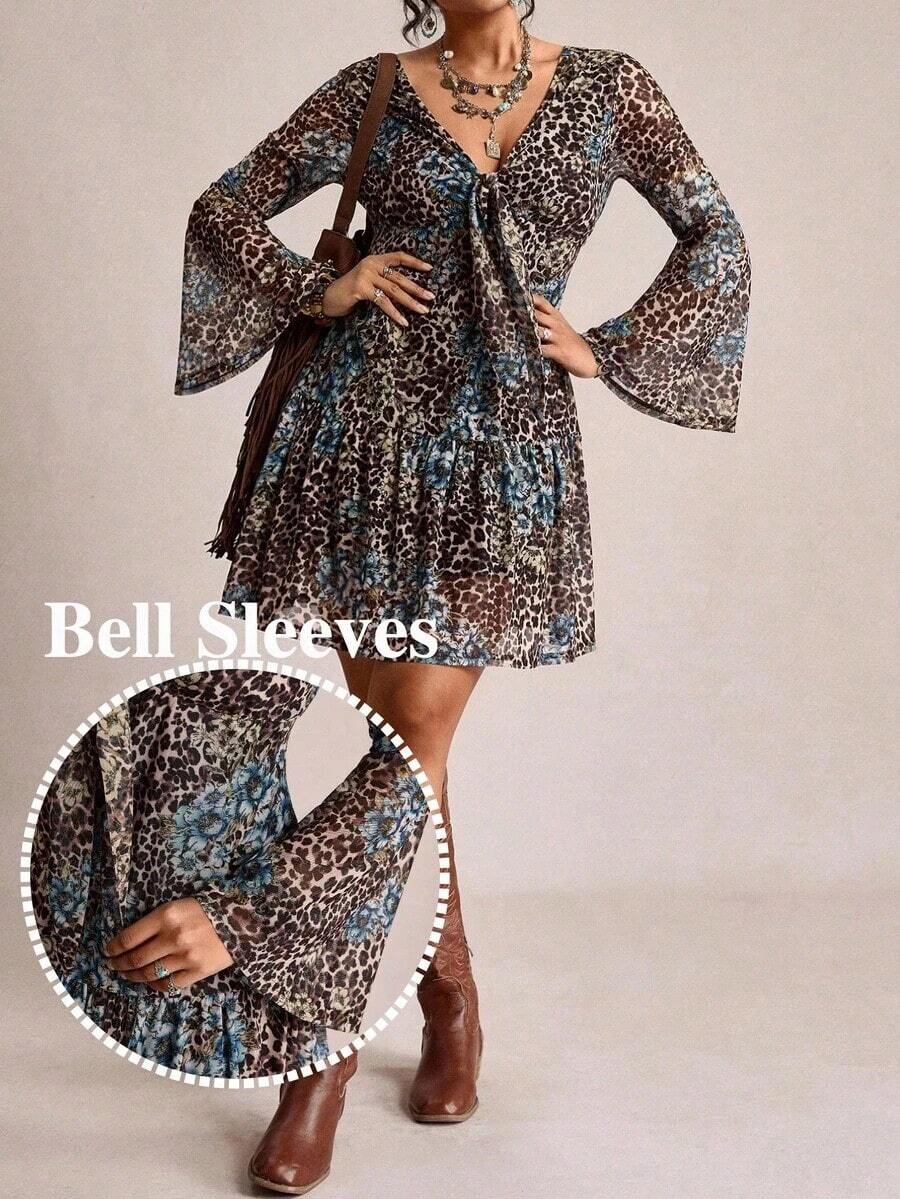 Vestido casual de mujer talla grande con estampado de flores de paisley, parches y mangas acampanadas para vacaciones y playa, vestido de verano bohemio, ropa occidental para mujer - Multicolor - Ver 1