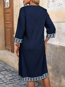 Vestido maxi casual y sencillo con estampado floral en el cuello, puños y dobladillo para mujer - Azul marino - Ver 2