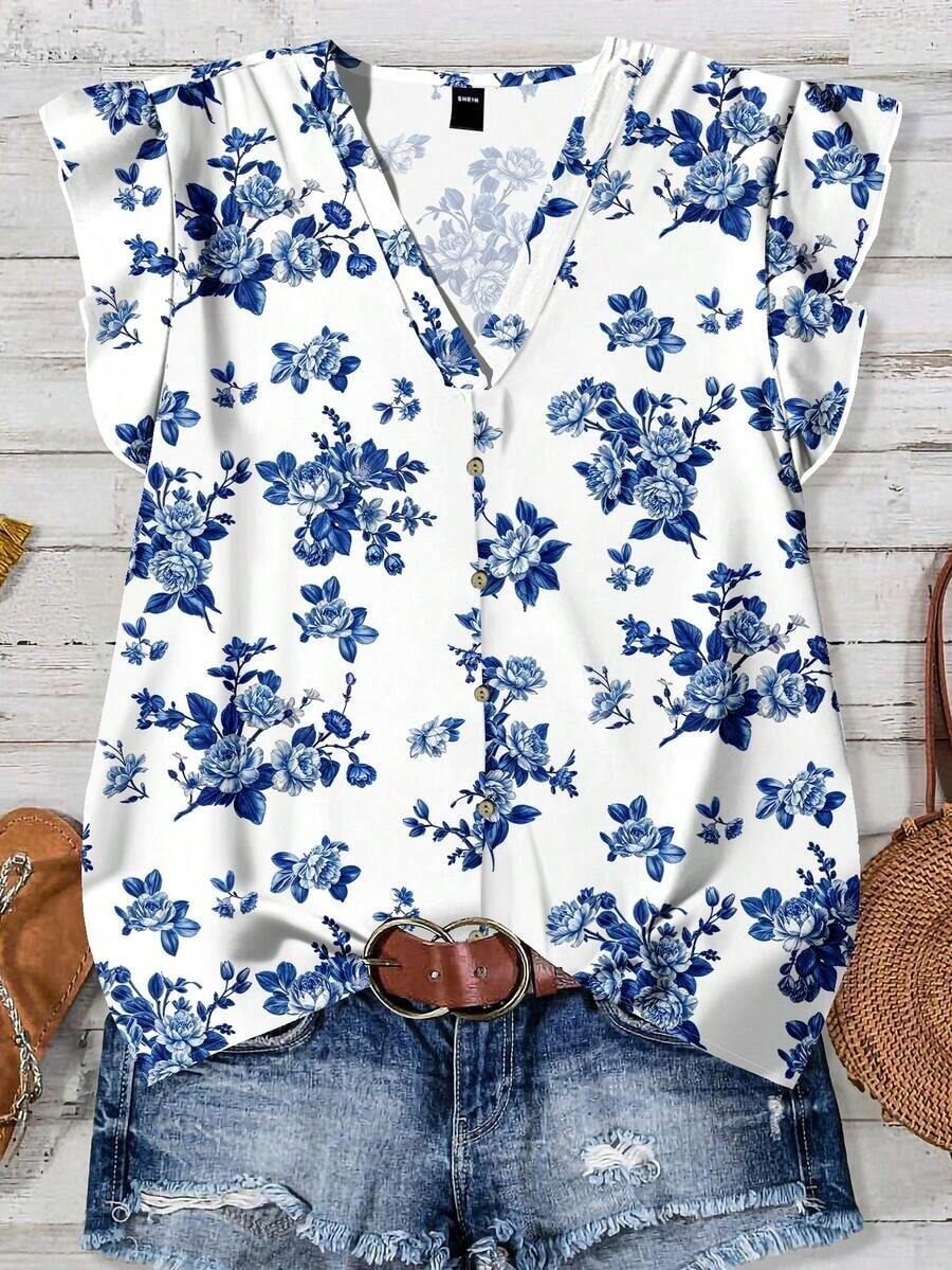 Camisa casual de mujer con estampado floral, adecuada para el verano - Multicolor 4 - Ver 1