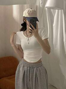 Camiseta de manga corta de mujer de cuello redondo de unicolor básica blanca, para primavera/verano, estilo casual empresarial - Blanco 4 - Ver 2