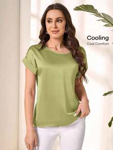 Blusa holgada, cómoda y de uso diario con cuello redondo, manga corta, unicolor, simple y de moda para mujer, top de verano - Verde - Ver 5