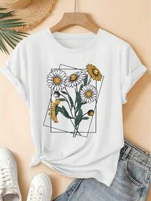 100% algodón puro, Camiseta de mujer Primavera/Verano 2026, Nueva camiseta de manga corta con cuello redondo y estampado de margaritas, Top casual retro desgastado, Ropa de mujer de alta calidad y tela suave. |   Diseño Divertido y Gracioso |   Adecuado para la Primavera - Blanco - Ver 7