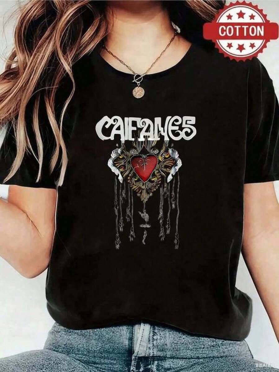 1pieza Blusas de mujer hermosas Blusas para mujeres Conjuntos de ropa para mujeres Caifanes 180G Camiseta negra y blanca con impresión de corazón y calavera de alta calidad Cuello redondo básico holgado transpirable versátil lavable en máquina cómodo Talla S ~ 3XL Esencial diaria casual deportiva para verano. - Negro - Ver 1