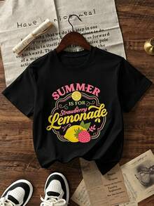 Women's White Oversized T-Shirt, Round Neck, Short Sleeves, Cute Strawberry And Lemonade Print, Super Comfortable And Relaxed Style, Ideal For Summer, Walks, Beach And Vacations With A Fashionable Casual Look 29VR - 黑色 - 查看 6