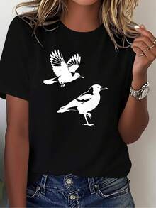 Australian Magpie Pure Cotton T-Shirt, Women's Pure Cotton Printed T-Shirt, Comfortable And Versatile, Casual Short Sleeve Plain White T-Shirt. - 黑色 2 - 查看 1