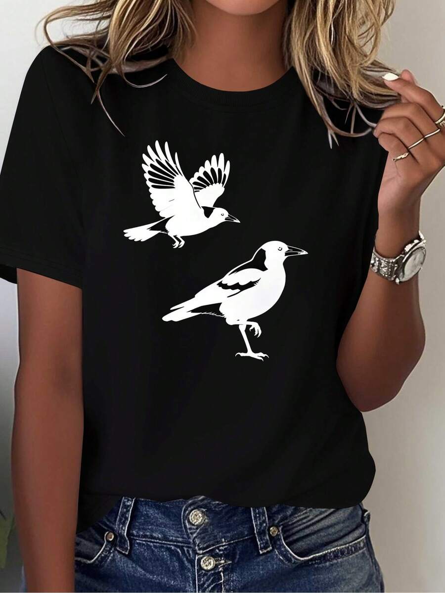 Australian Magpie Pure Cotton T-Shirt, Women's Pure Cotton Printed T-Shirt, Comfortable And Versatile, Casual Short Sleeve Plain White T-Shirt. - 黑色 2 - 查看 1