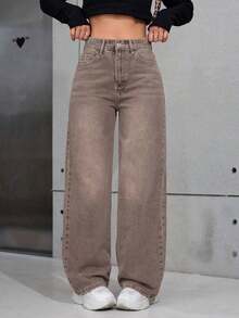 Pantalones vaqueros anchos sueltos y versátiles de mujer con diseño de bolsillos - Marrón 2 - Ver 4