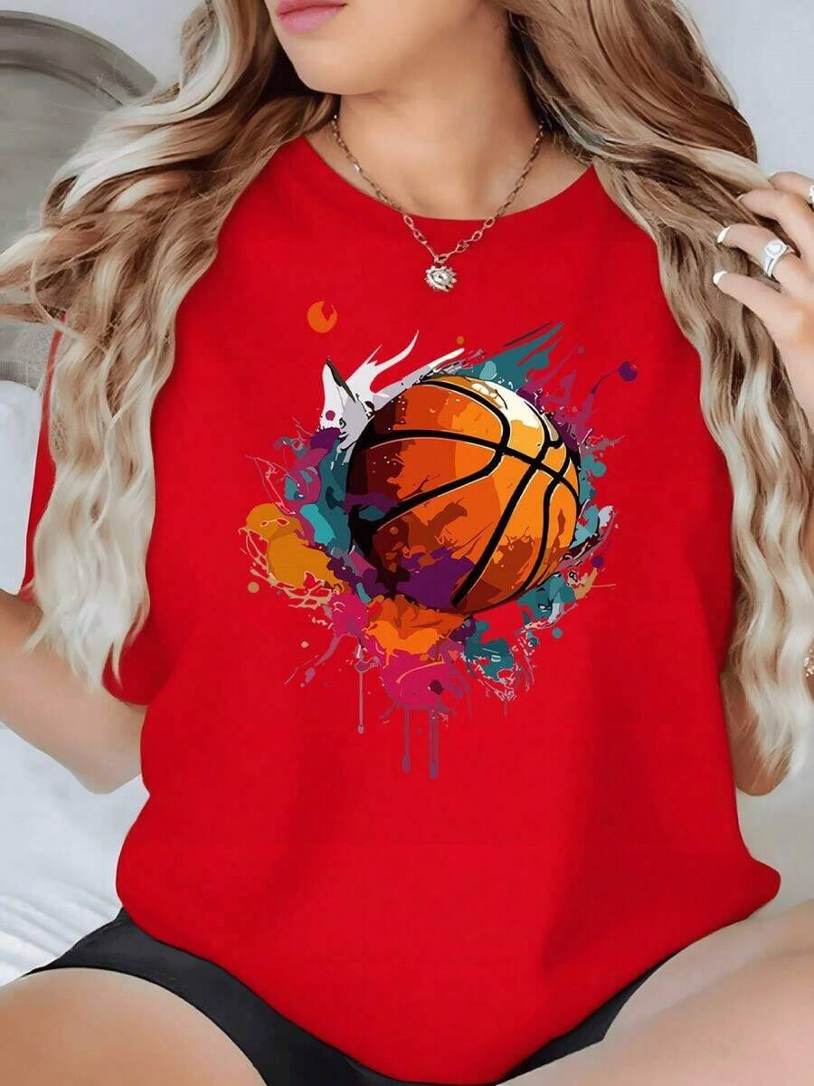 Basketball Wrapped In A Burst Of Vibrant Colors Symbolizing Energy, Passion, And Movement. Women's T-Shirt, 100% Cotton, Comfortable And Modern. H2JA - 紅色 - 查看 1