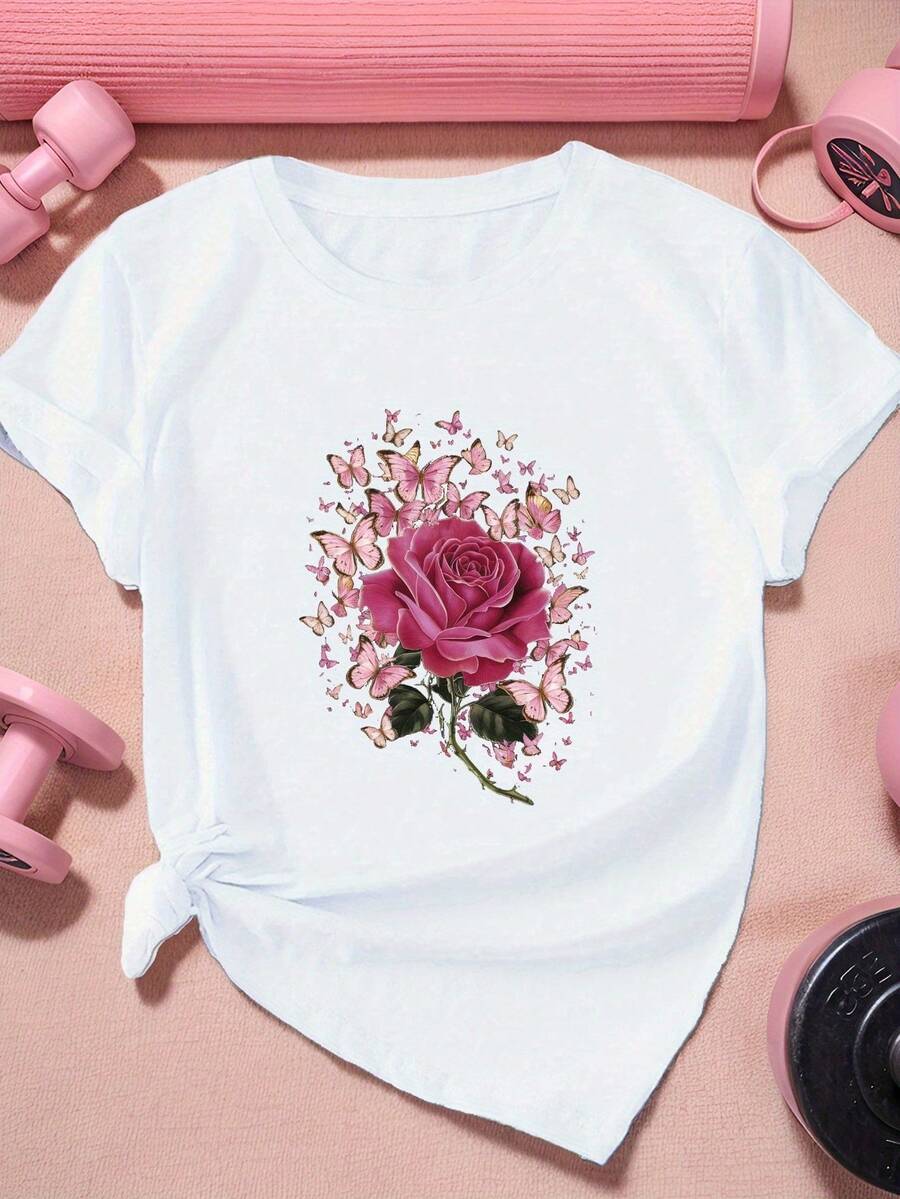Women's Plus Size Short Sleeve Sports T-Shirt With Pink Roses And Butterflies - High Quality - White - View 1