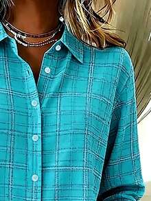 Casual Fashion Plaid Print Women's Plus Size Lightweight Long Sleeve Button-Up Shirt - Mint Blue - View 7