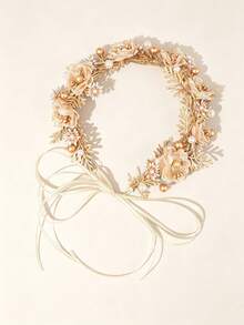 1Pc Handmade Luxury Golden Bridal Floral Headband - Pearl & Mesh Flower Hair Wreath For Wedding, Nature Photoshoot & Special Occasions - Gold - View 4