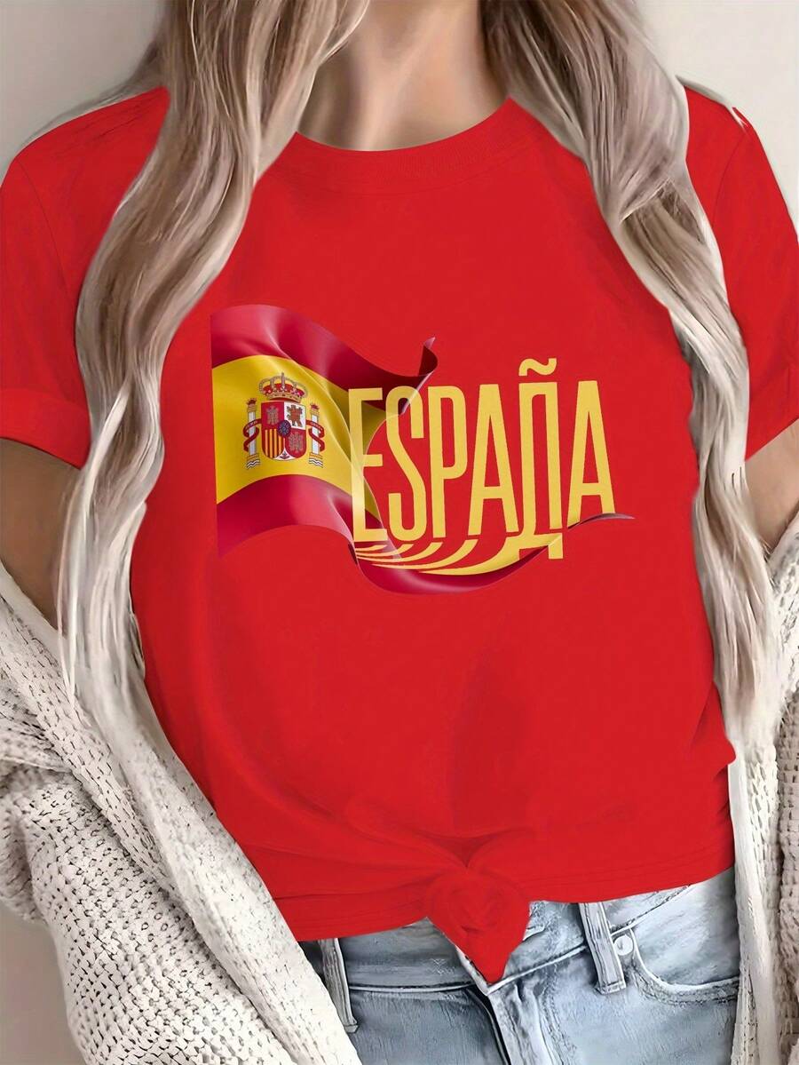 Camiseta de Algodón Puro para ujer con Estampado de la Bandera Española, CómodaTraje de fiesta elegante,T-shirt para damas elegantes,Blusas adecuadas para mujeres con curvas,Faldas de graduación,Ropa casual Estampado de animales adorables,Estampado de letras divertidas - Rojo - Ver 1