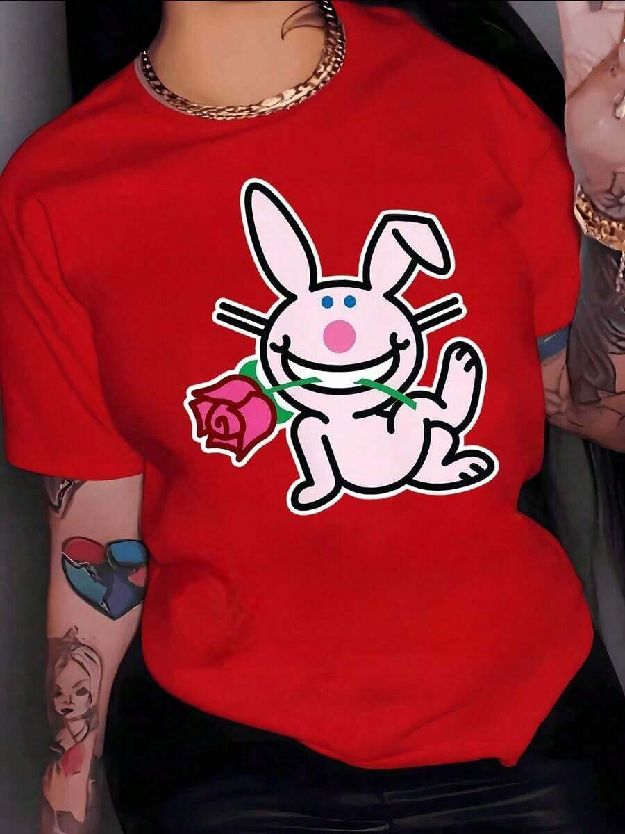 Smiling Cartoon Rabbit With Rosy Cheeks Holding A Red Rose In Its Mouth Conveying Joy And Tenderness. Women's T-Shirt, 100% Cotton, Soft - Red - View 1
