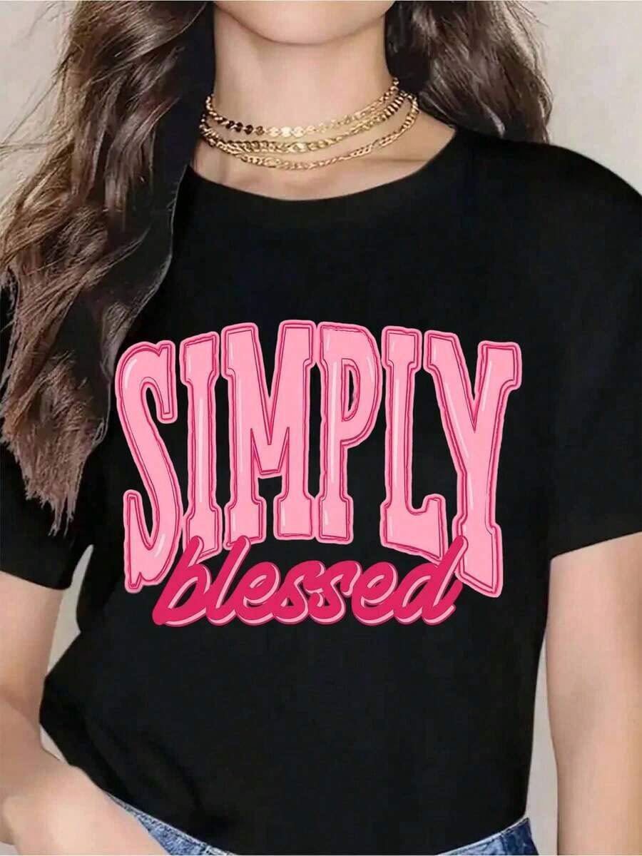 Simply Graffiti T-Shirt For Women, Casual Graphic Design T-Shirt, Pink Text, Loose And Comfortable Fit For Everyday Wear And Gift Ideas, Fashionable Summer Cotton T-Shirt - 黑色 - 查看 1