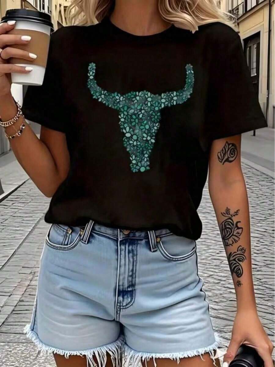 1 pieza de camiseta de mujer para uso diario casual, con estampado de calavera de toro en mosaico turquesa, camiseta casual adecuada para el ocio diario, 180g, 100% algodón. - Negro - Ver 1