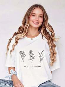 Women's T-Shirts Spring/Summer Fashion - Women's T-Shirt: Blooming With Elegance: Women's T-Shirt, Simple Floral Design And Inspirational Phrases - Casual And Modern Style, Loose Fit, Vintage Y2K, Casual For Holidays, Weekend Wear. - 白色 - 查看 1