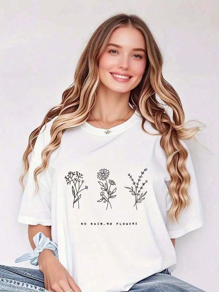 Women's T-Shirts Spring/Summer Fashion - Women's T-Shirt: Blooming With Elegance: Women's T-Shirt, Simple Floral Design And Inspirational Phrases - Casual And Modern Style, Loose Fit, Vintage Y2K, Casual For Holidays, Weekend Wear. - 白色 - 查看 1