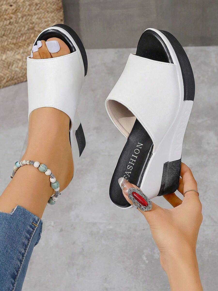 2025 Summer Casual Fashion White Slope Heel Sandals For Women With Slope Heel Sandals Non Slip Bottom Black And White Leg Display Long Daily Wearing - 211 - 查看 1