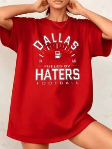 Women's T-Shirt With American Football Graphic Print, "Fueled By Haters", 100% Cotton, Crew Neck, Casual Style, 1 Piece. Excellent Gifts For Friends And Family. - 紅色 - 查看 1