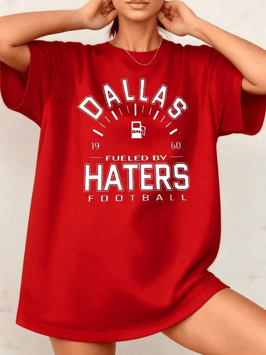 Women's T-Shirt With American Football Graphic Print, "Fueled By Haters", 100% Cotton, Crew Neck, Casual Style, 1 Piece. Excellent Gifts For Friends And Family. - 紅色 - 查看 1