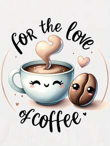Fun Cartoon Coffee And Coffee Bean Print T-Shirts, Letter Print T-Shirts, Born From A Love Of Coffee, T-Shirts For Coffee Enthusiasts, Gifts For Coffee Lovers - 白色 - 查看 3