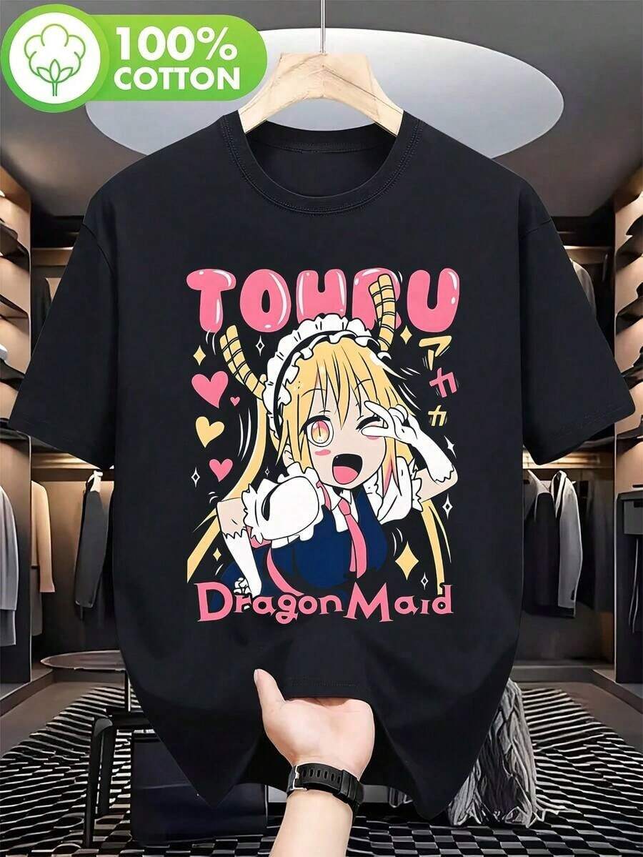Simple And Versatile Anime T-Shirt Featuring "Miss Kobayashi's Dragon Maid" - Casual White Crew Neck T-Shirt With A Print Of The Characters And Kobayashi, Suitable For All Seasons, Ideal For Anime Fans, Japanese Manga Style Clothing. Pure Cotton Women's T-Shirt, Perfect For Summer Dates. - 黑色 - 查看 1