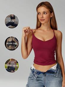 Áo tank top nữ MFVIM Naked Feeling Yoga Crisscross Back Racerback, chất liệu nhanh khô, thích hợp cho chạy bộ ngoài trời, đạp xe, yoga, pilates và tập gym. - Màu Đỏ Sâu - Xem 6