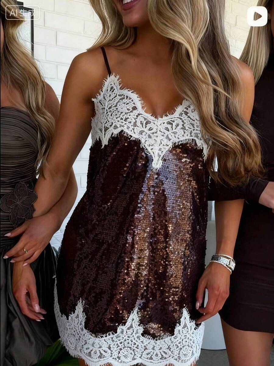 Women Sleeveless Spaghetti Strap Dress Sequin Lace Patchwork V-Neck Mini Party Dress - Marrón - Ver 1