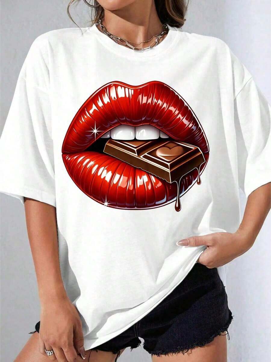 GiftGirl's Women's Plus Size White T-Shirt With Red Lips And Chocolate Bar Print, Casual Summer Top For Outdoor Parties, Soft Printed T-Shirt - 白色 - 查看 1