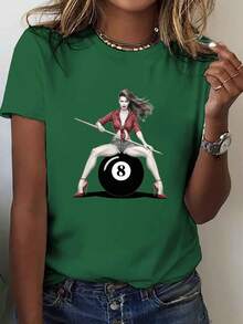 Women's Black T-Shirt With Number 8 Billiard Ball Print, Featuring A Striking Artistic Billiard Design - Short Sleeve, Round Neck, Casual Style, Medium Elasticity, Machine Washable Fabric, Suitable For Spring And Summer, Women's T-Shirts. - 綠色 - 查看 7