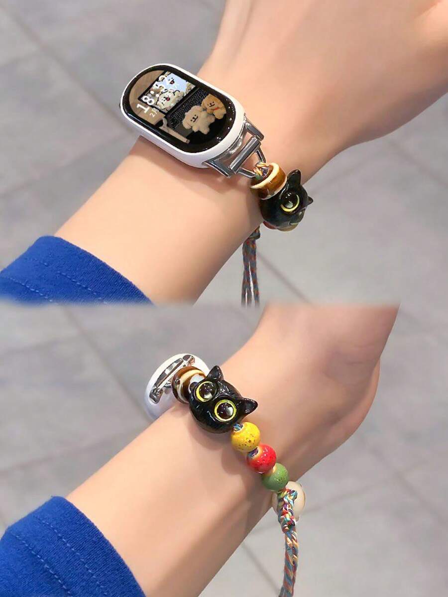 Band 8/9/10 替换表带，多巴胺彩色串珠手链表带，黑猫白狗卡通吊坠，手工编织绳 DIY 手链配件