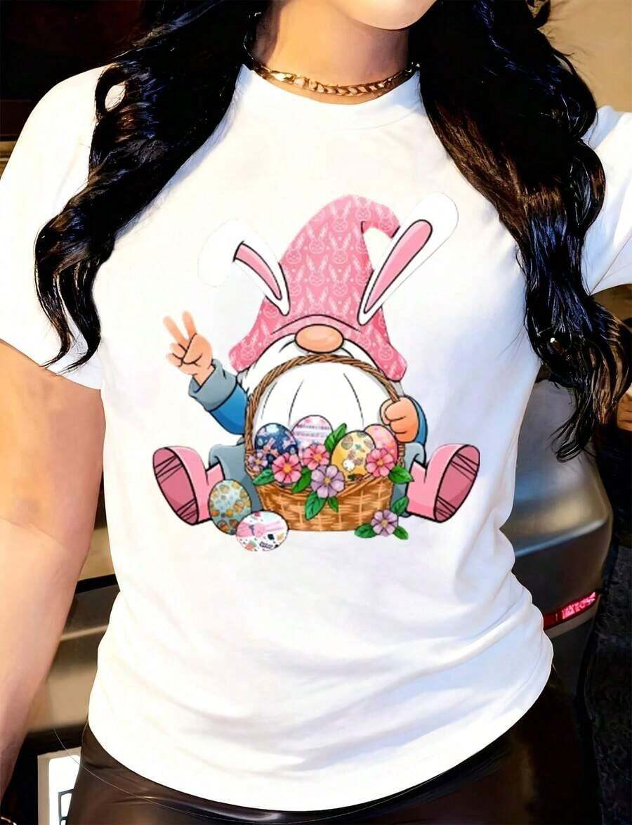 Women's T-Shirt Floral Easter Eggs Bunny Hat Gnome Casual Crew Neck Short Sleeve, Suitable For Everyday Outdoors, Perfect For All Season Wearplayeras De Mujer - 白色 - 查看 1