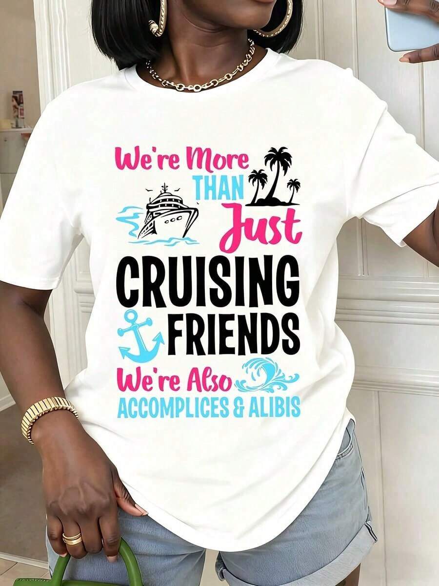 1 Piece Of Women's Summer T-Shirt With A Cruise Ship And Palm Tree Design. We're More Than Just Cruise Buddies, We're Also Partners In Crime And Companions. Casual Short-Sleeved Crew Neck T-Shirt For Summer Vacation. Gift For Your Best Friend. Women's T-Shirts. - 白色 - 查看 1
