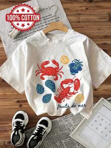 Camiseta Casual de Manga Corta para Mujer Estampado de mariscos y limones dibujados a mano, cuello redondo, corte regular. - Blanco - Ver 1